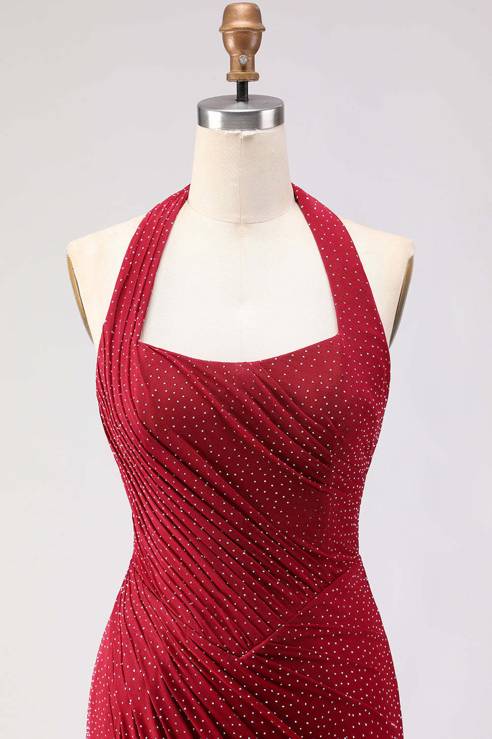 Sparkly Dark Red Beaded Halter Long Mermaid Prom Dress with Slit