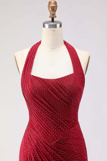 Sparkly Dark Red Beaded Halter Long Mermaid Prom Dress with Slit