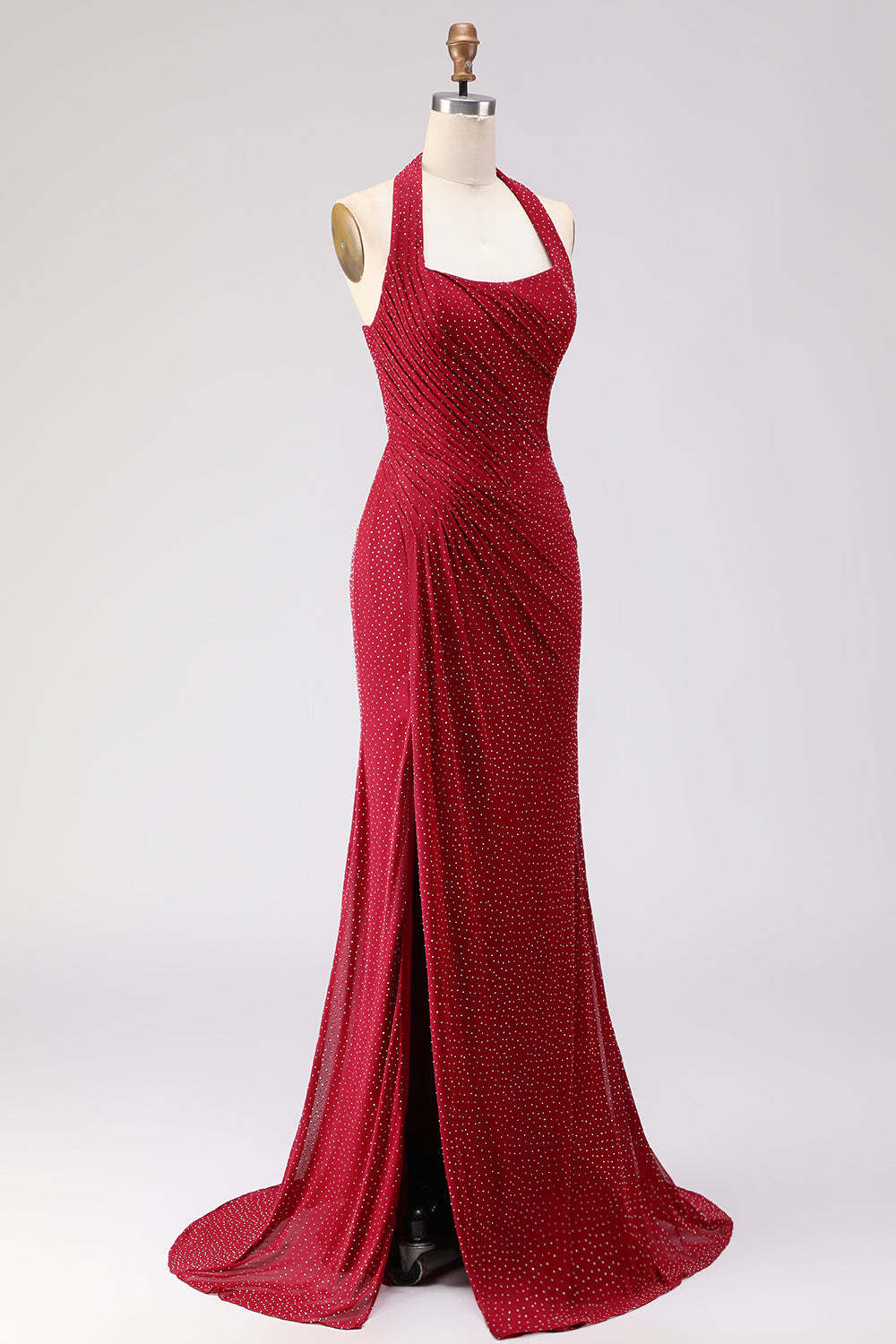 Sparkly Dark Red Beaded Halter Long Mermaid Prom Dress with Slit