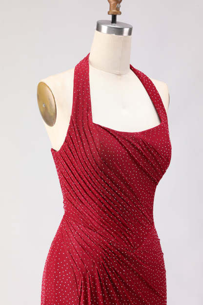 Sparkly Dark Red Beaded Halter Long Mermaid Prom Dress with Slit