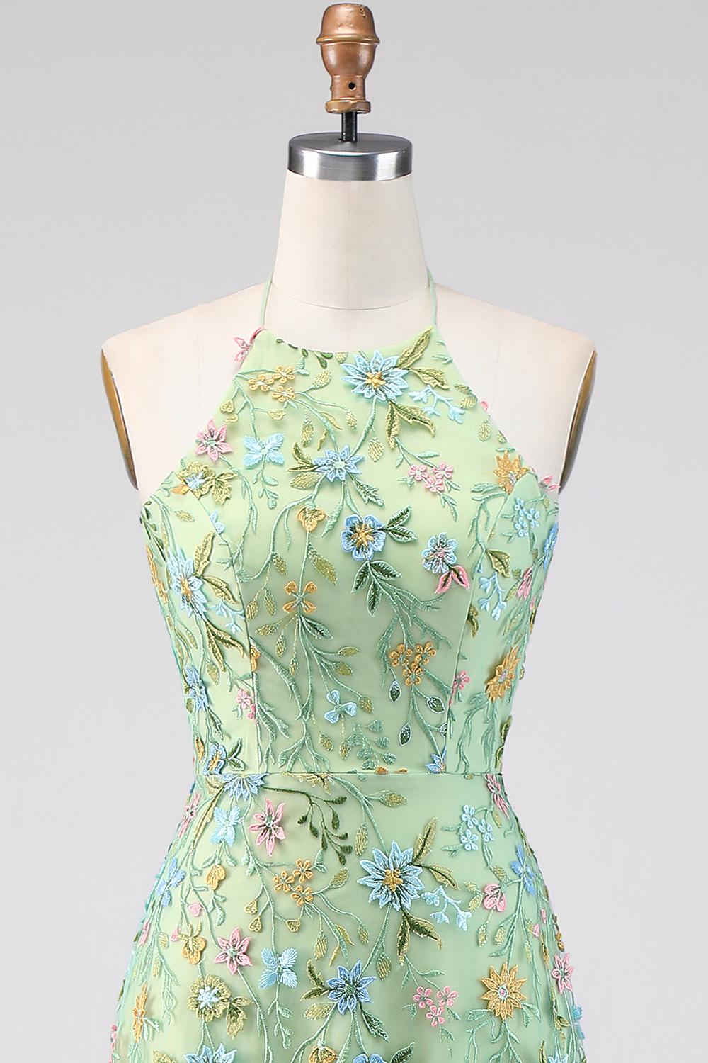 Green Floral A Line Embroidered Halter Neck Long Formal Dress