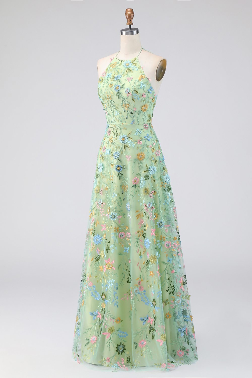 Green Floral A Line Embroidered Halter Neck Long Formal Dress
