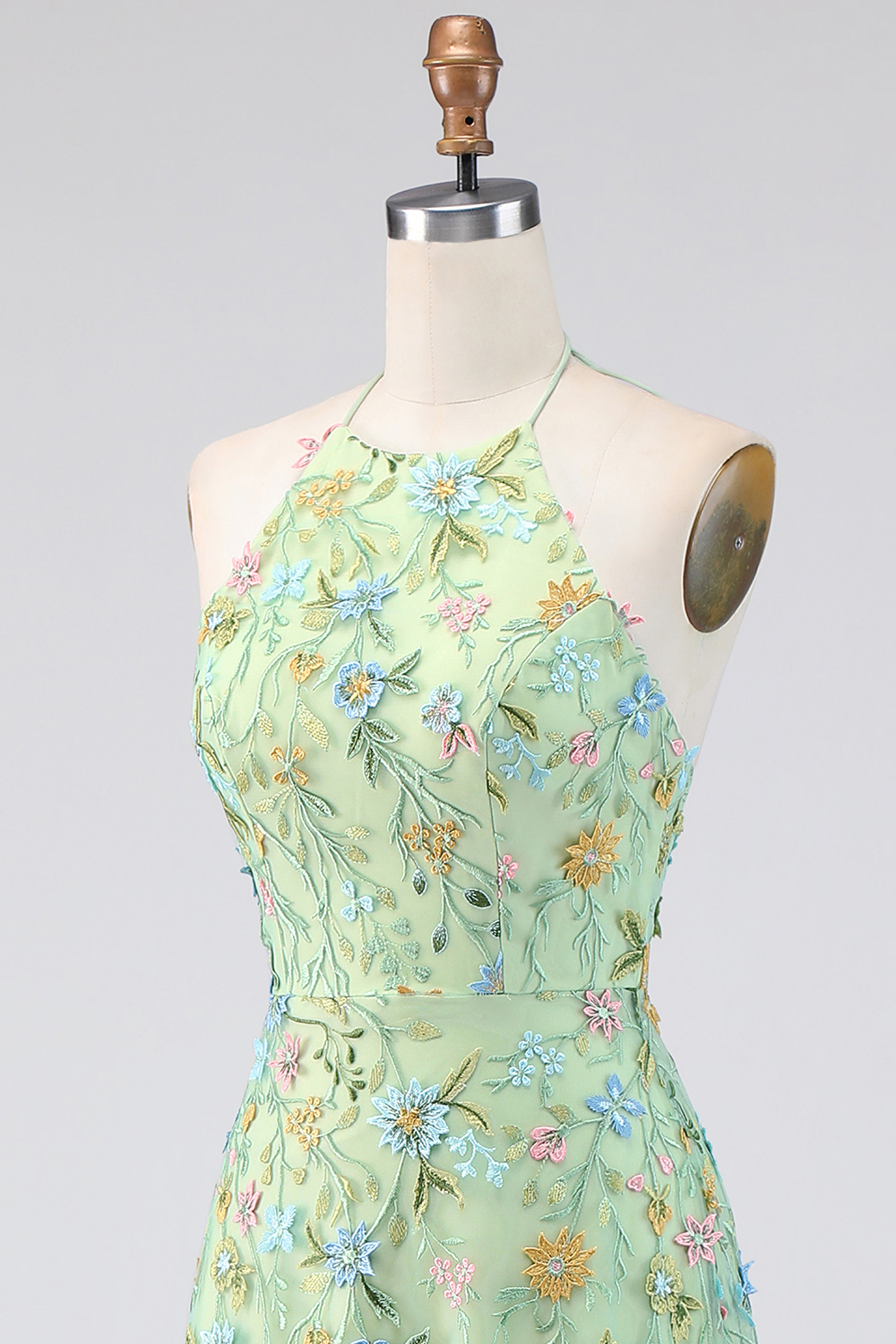 Green Floral A Line Embroidered Halter Neck Long Formal Dress