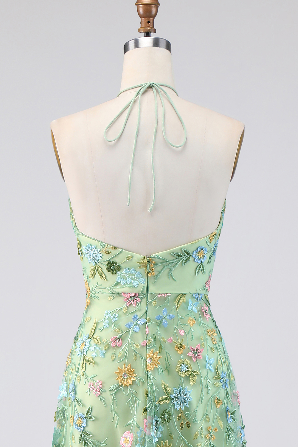 Green Floral A Line Embroidered Halter Neck Long Formal Dress