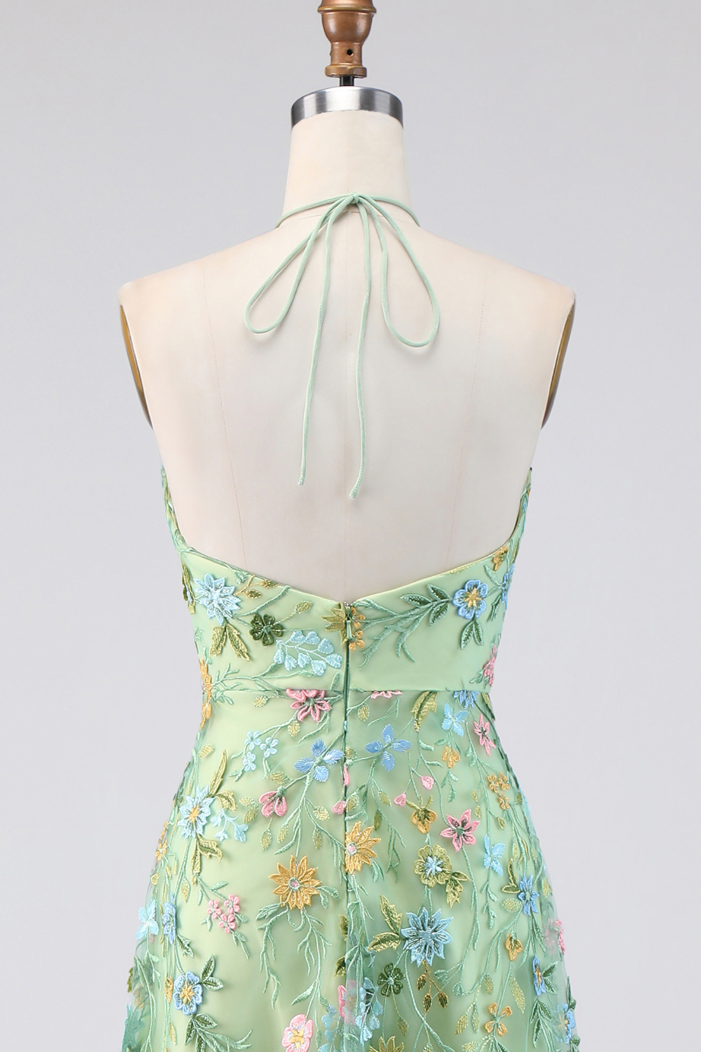 Green Floral A Line Embroidered Halter Neck Long Formal Dress
