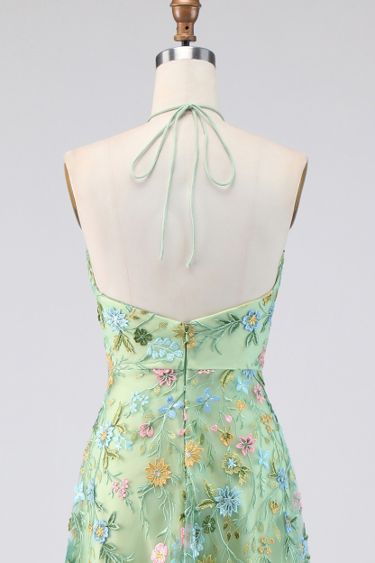 Green Floral A Line Embroidered Halter Neck Long Formal Dress