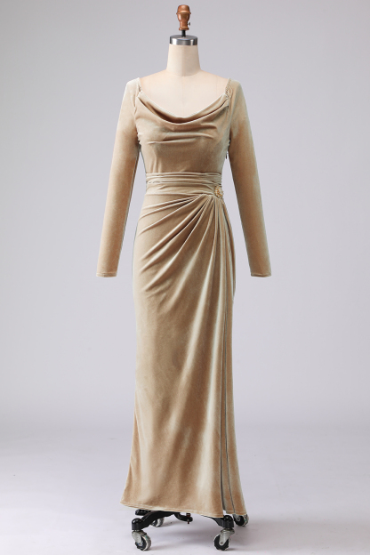 Light Beige Cowl Neck Velvet Sheath Maxi Formal Dress with Sleeves
