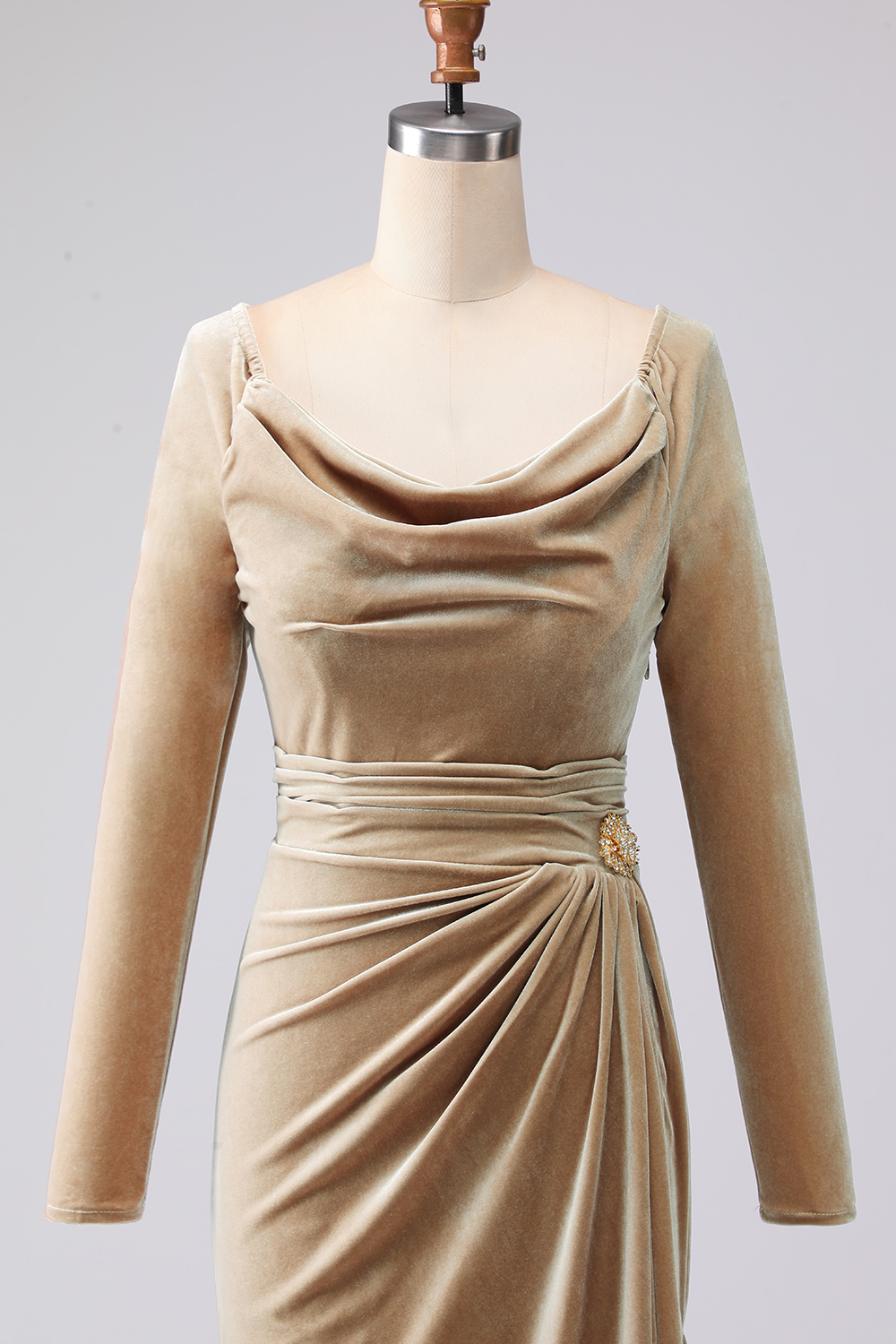 Light Beige Sheath Velvet Cowl Neck Maxi Formal Dress with Sleeves