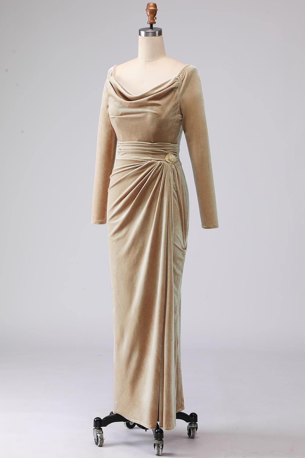 Light Beige Sheath Velvet Cowl Neck Maxi Formal Dress with Sleeves