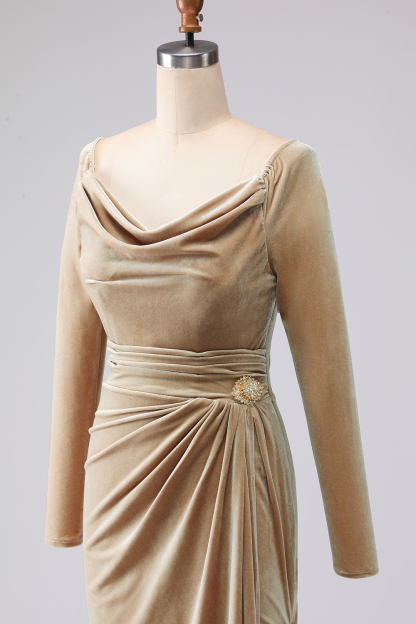 Light Beige Sheath Velvet Cowl Neck Maxi Formal Dress with Sleeves