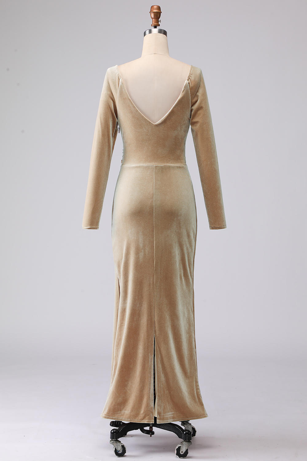 Light Beige Cowl Neck Velvet Sheath Maxi Formal Dress with Sleeves