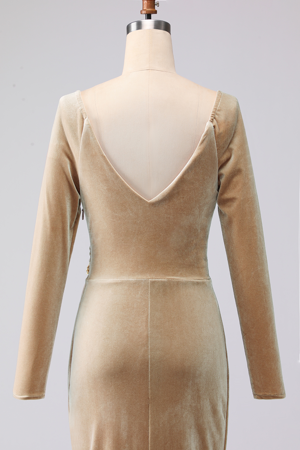 Light Beige Sheath Velvet Cowl Neck Maxi Formal Dress with Sleeves