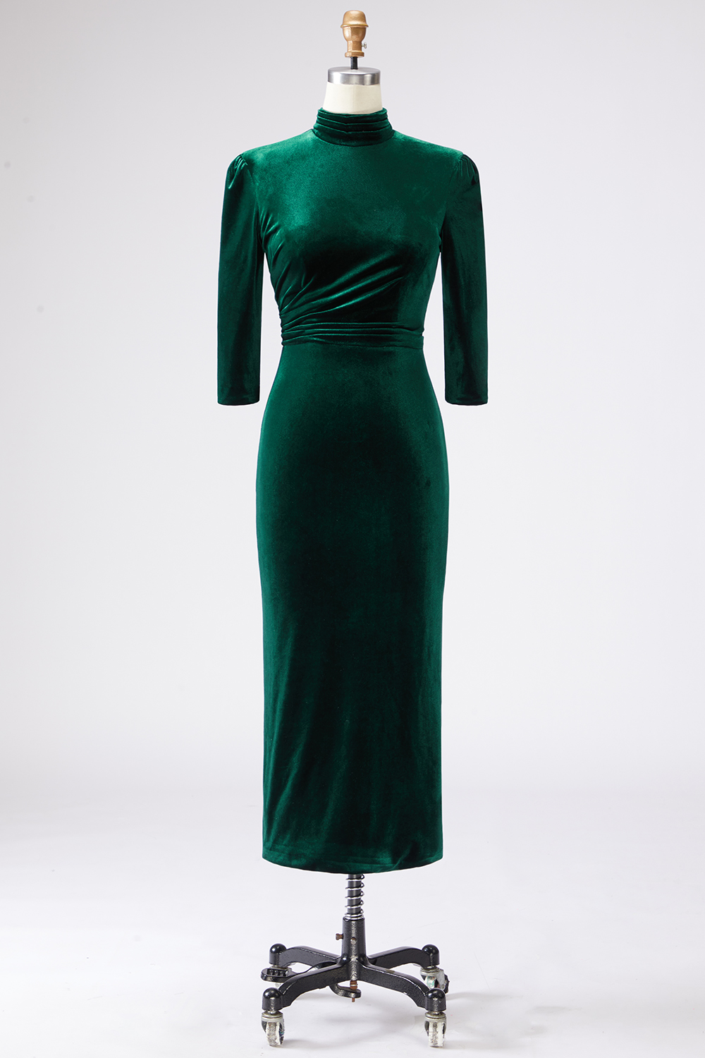 Dark Green Velvet High Neck Sheath Long Formal Dress with Sleeves