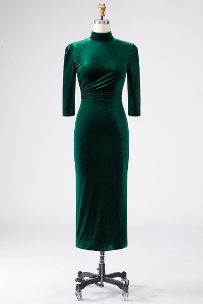 Dark Green Velvet High Neck Sheath Long Formal Dress with Sleeves