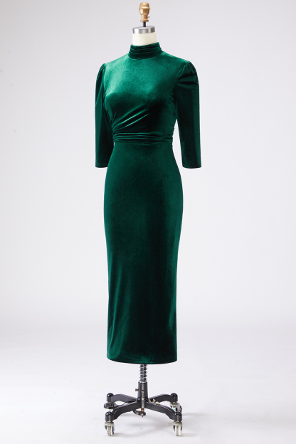 Dark Green Sheath High Neck Velvet Long Formal Dress with Sleeves