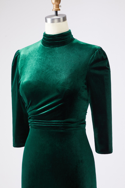 Dark Green Sheath High Neck Velvet Long Formal Dress with Sleeves