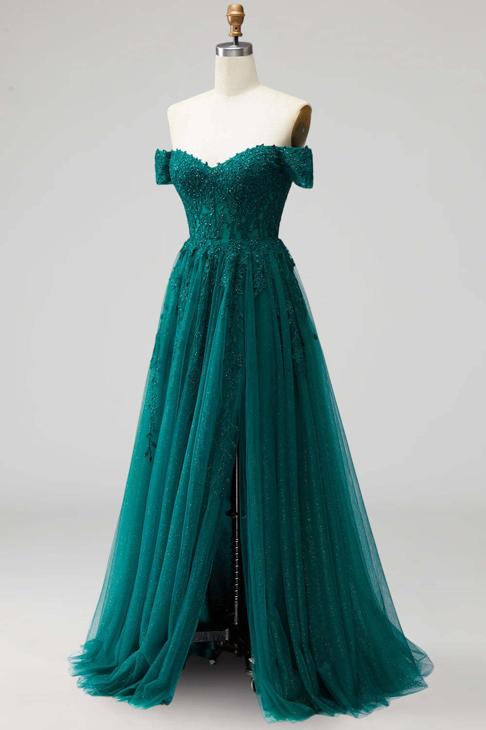 Sparkly Beaded Dark Green Off the Shoulder Long Formal Dress with Slit