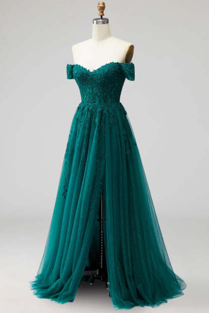 Sparkly Beaded Dark Green Off the Shoulder Long Formal Dress with Slit