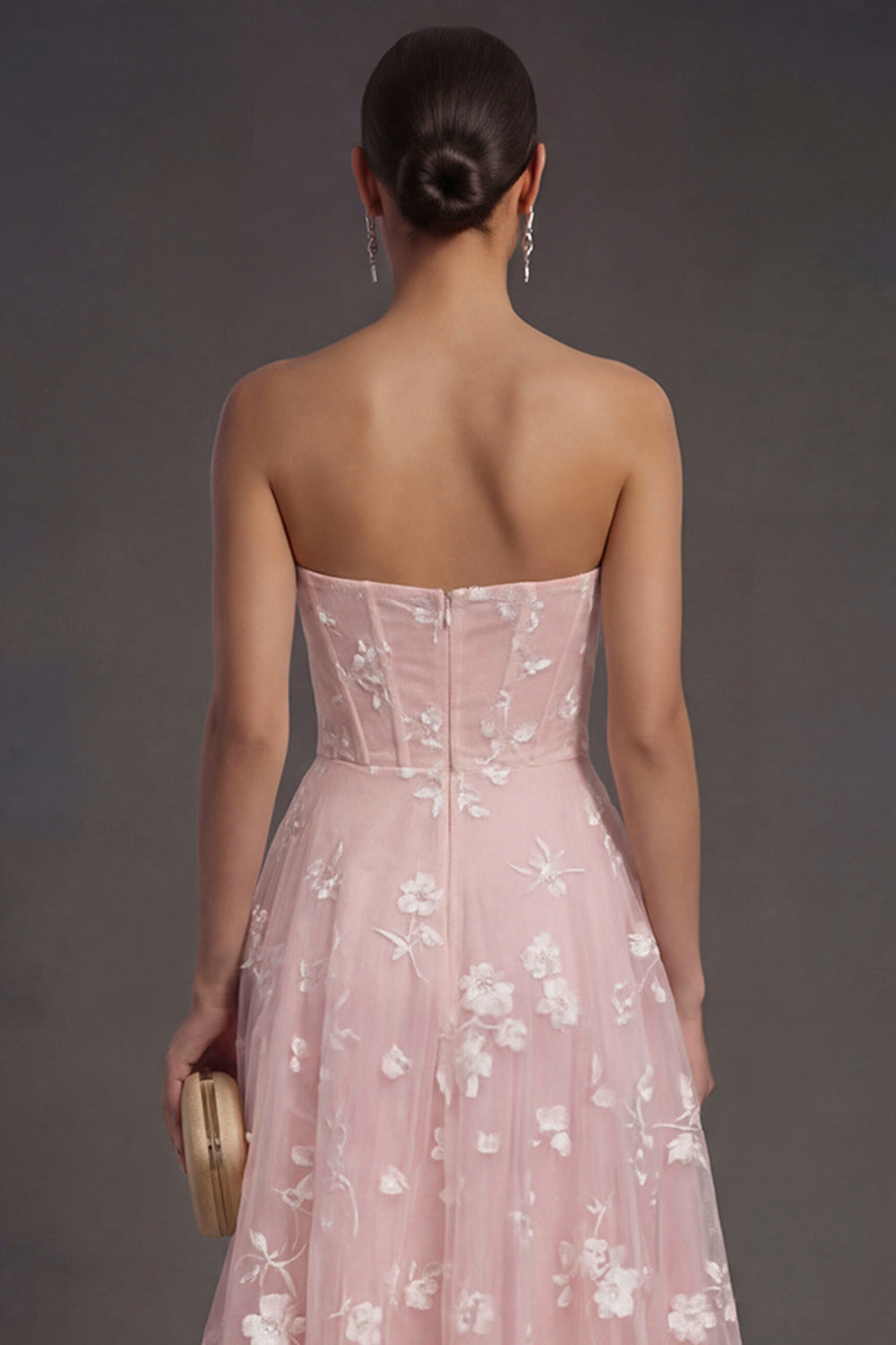 White Floral Appliqued Strapless Midi Beach Engagement Dress