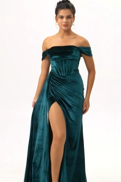 Peacock Green Corset Ruched Off the Shoulder Long Bridesmaid Dress with Slit