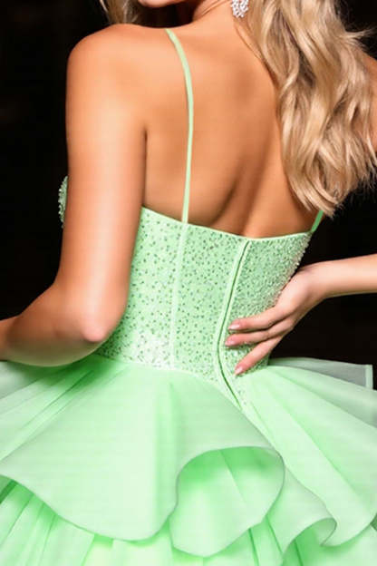 Sparkly Green Tulle Ruffled Corset Short Homecoming Dress