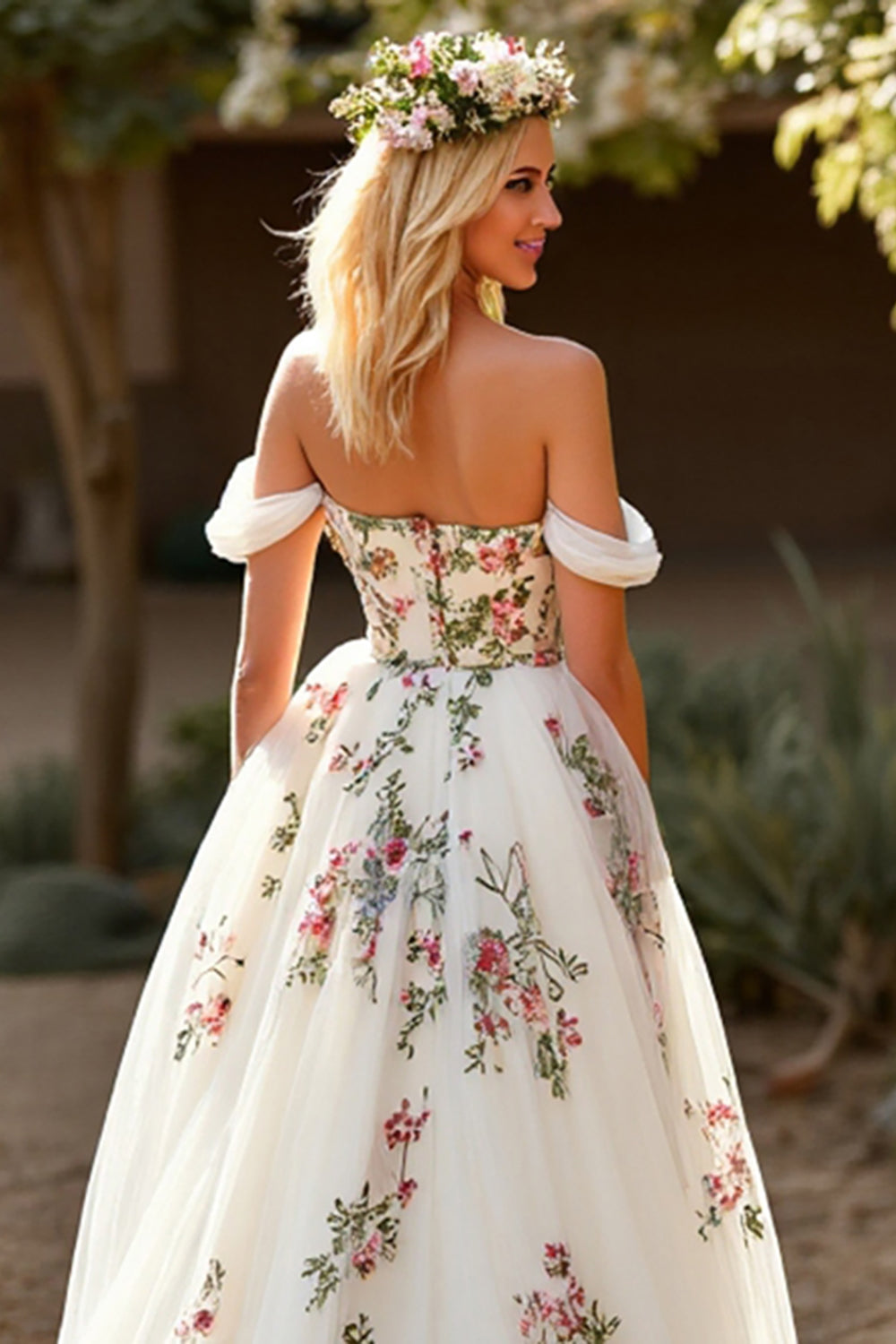 Tulle Floral Off the Shoulder White Sweep Train Wedding Dress