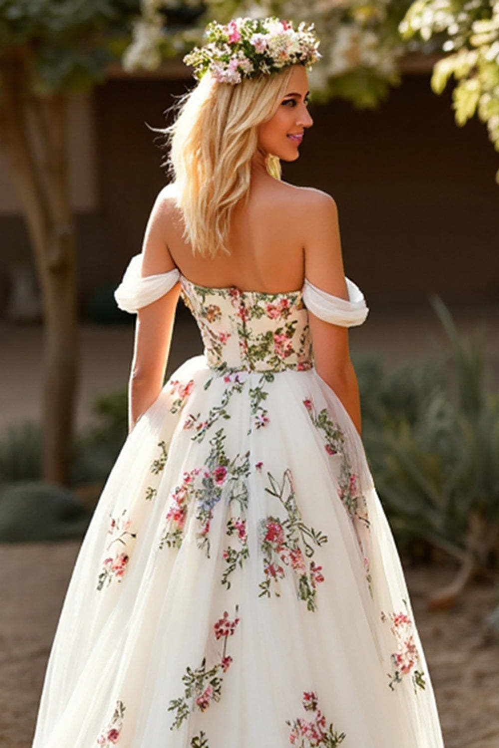 Tulle Floral Off the Shoulder White Sweep Train Wedding Dress
