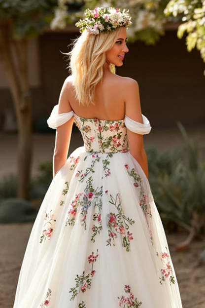 Tulle Floral Off the Shoulder White Sweep Train Wedding Dress