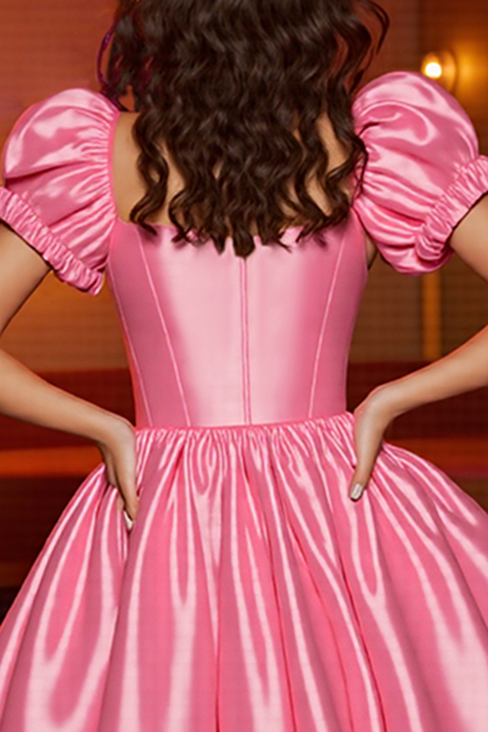 Pink Corset A Line Puff Sleeves Satin Mini Homecoming Dress