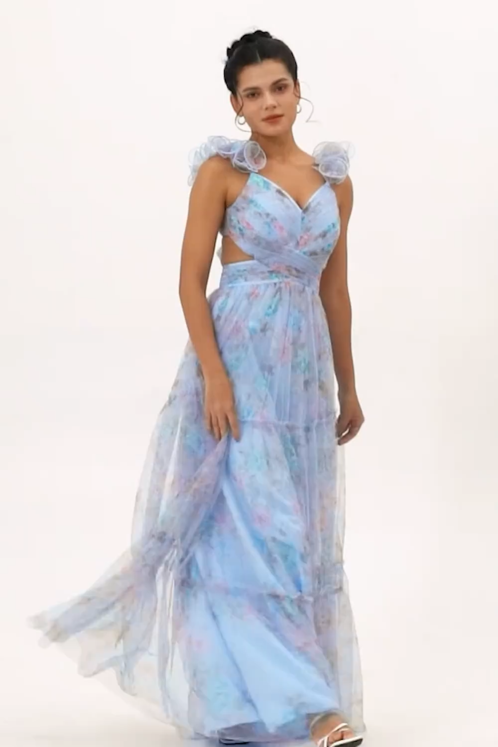 Blue A Line V-Neck Floral Long Bridesmaid Dress