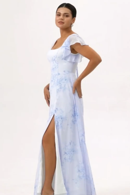 Maxi Blue Chiffon Floral Scoop Neck Ruffled Bridesmaid Dress with Slit