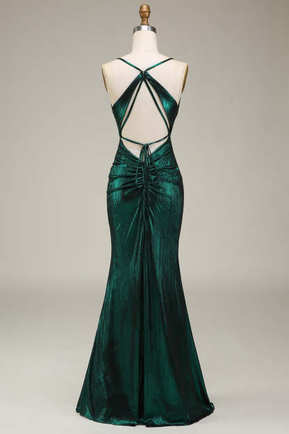 Sheath Spaghetti Straps Dark Green Maxi Prom Dress with High Slit