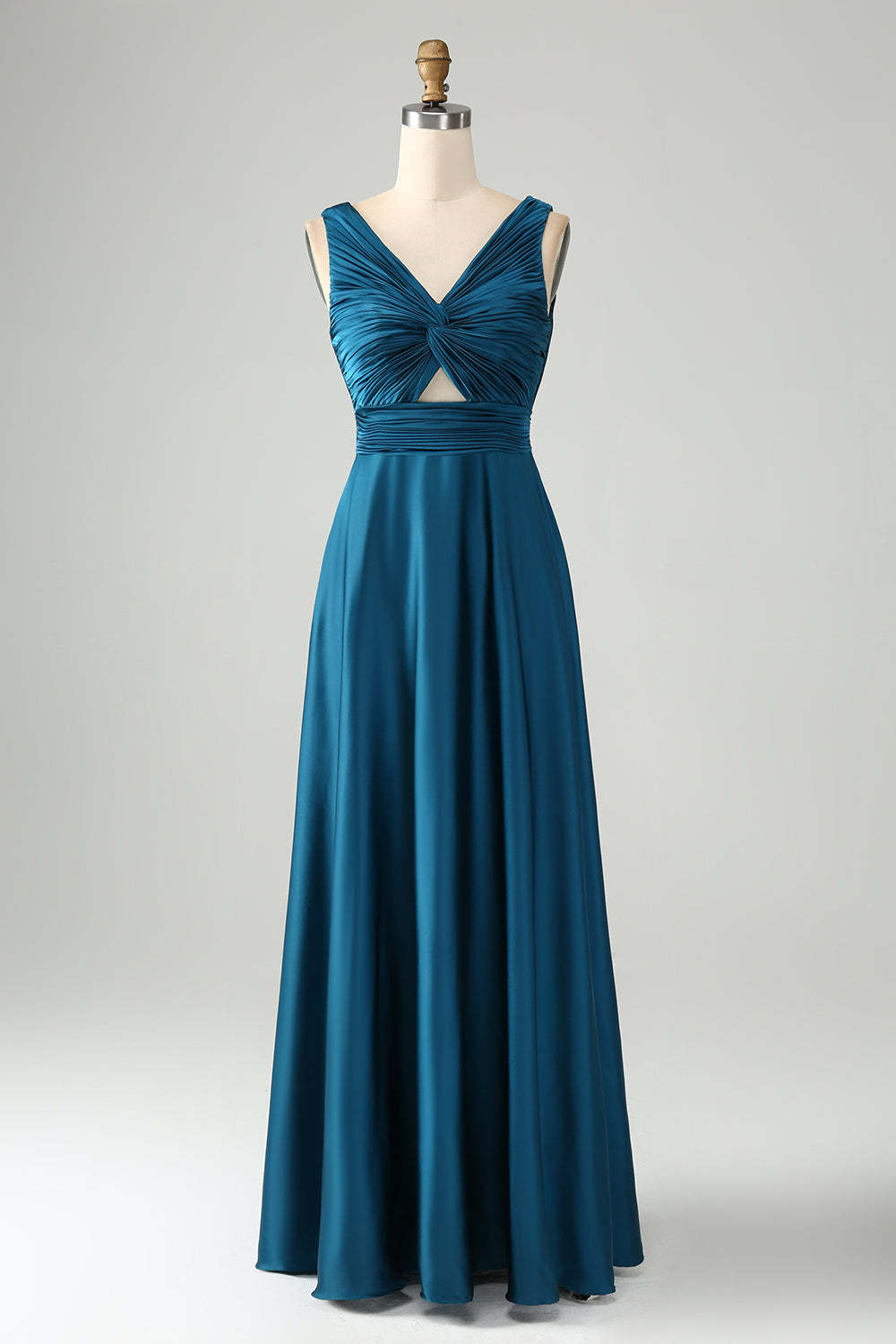 Leely Women Ink Blue V Neck Pleated Hollow Out Satin Bridesmaid Dress A Line Long Wedding Party Dress