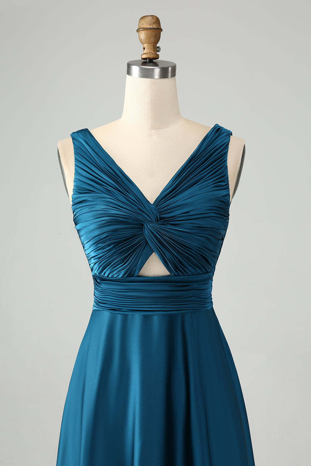 Ink Blue V Neck Pleated Hollow Out Satin Bridesmaid Dress
