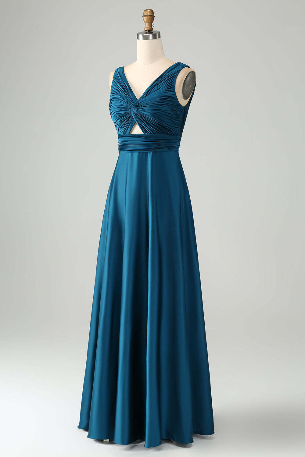 Ink Blue V Neck Pleated Hollow Out Satin Bridesmaid Dress