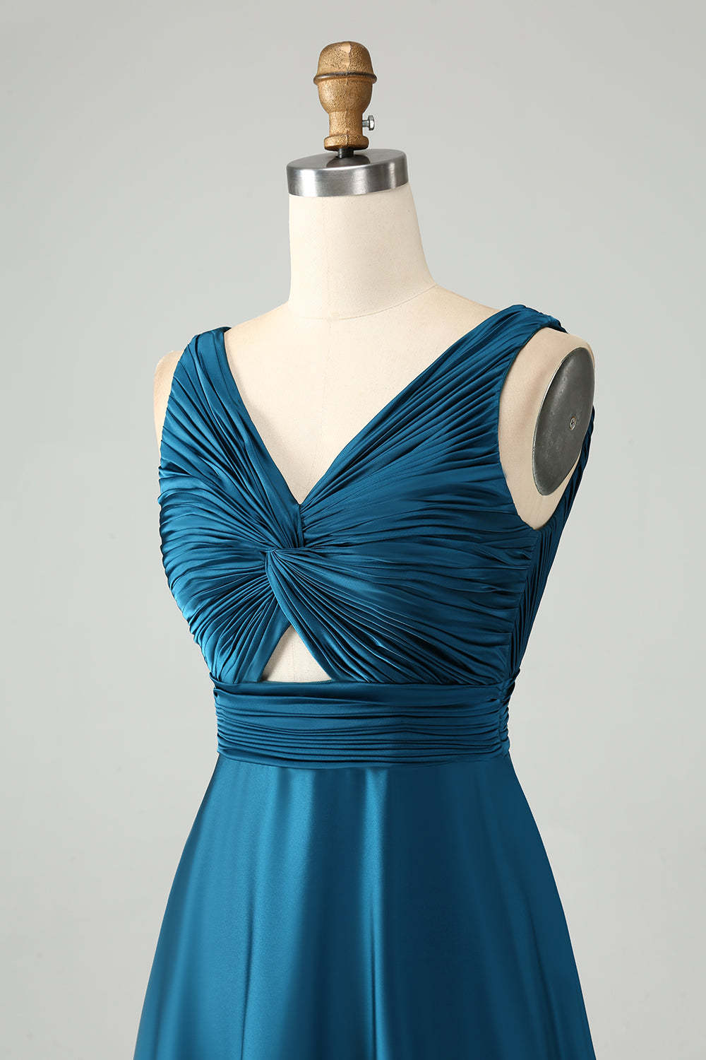 Ink Blue V Neck Pleated Hollow Out Satin Bridesmaid Dress
