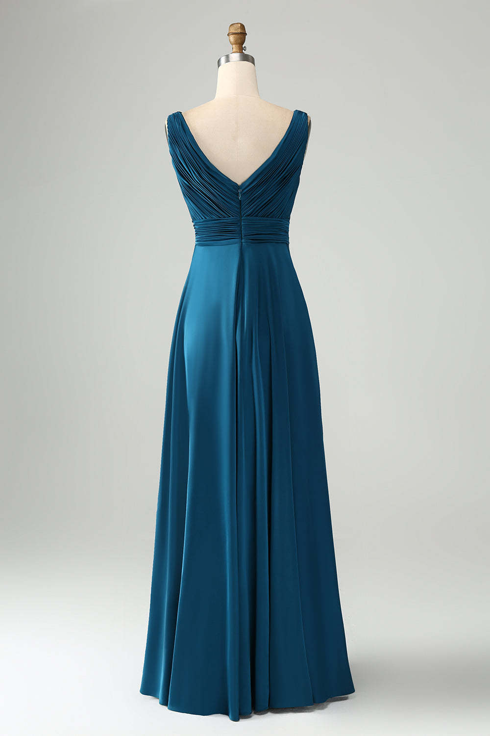 Ink Blue V Neck Pleated Hollow Out Satin Bridesmaid Dress
