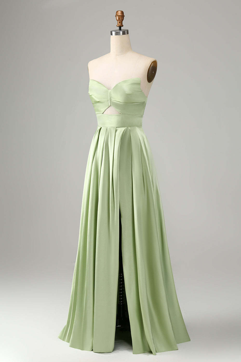 Green Satin A Line Lace Up Bridesmaid Dress with Slit