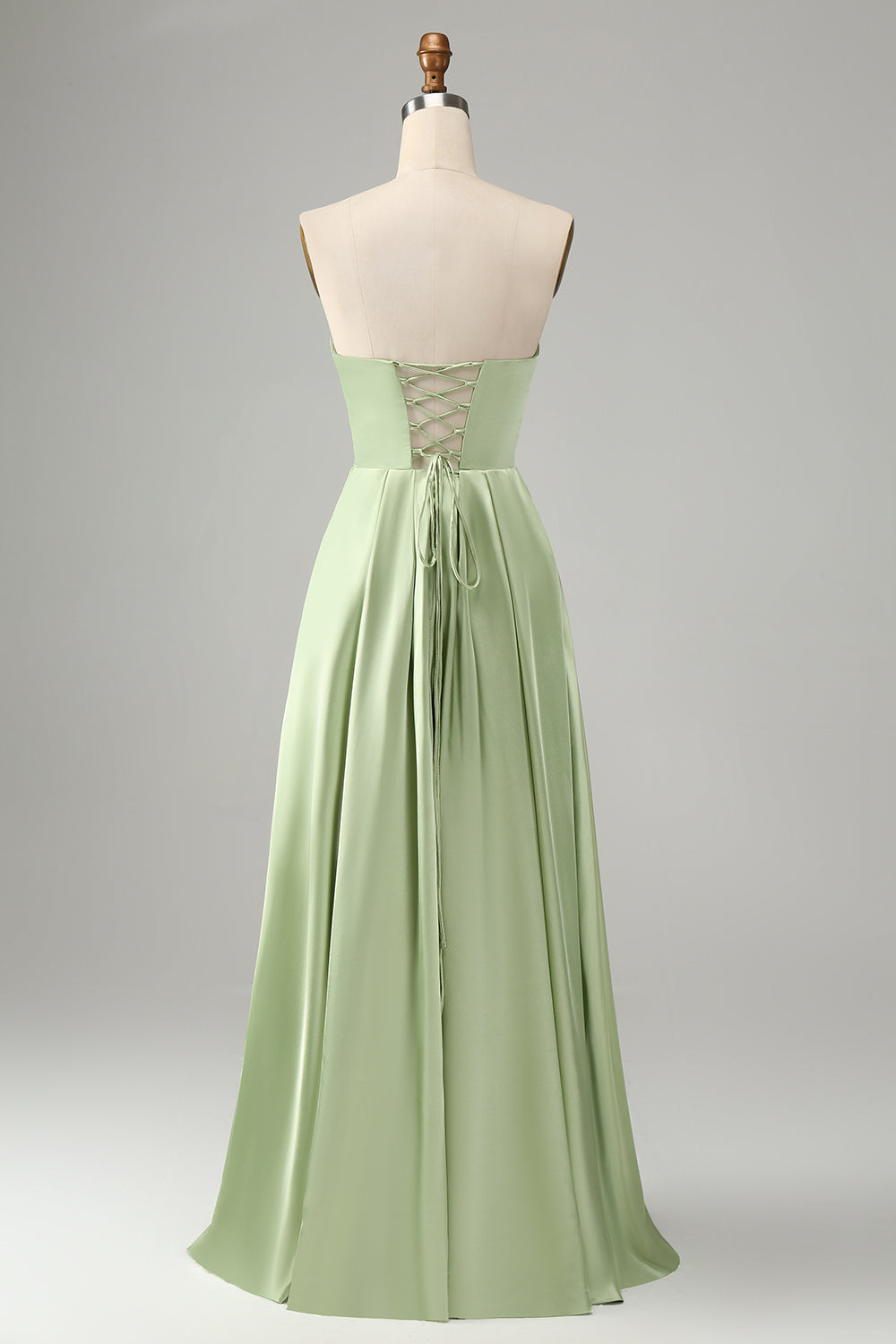 Green Satin A Line Lace Up Bridesmaid Dress with Slit