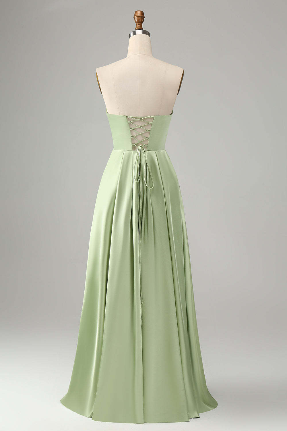 Green Satin A Line Lace Up Bridesmaid Dress with Slit