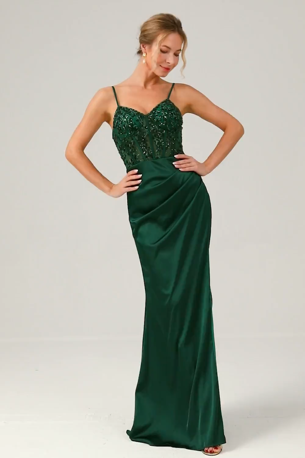 Dark Green Mermaid Spaghetti Straps Satin Long Bridesmaid Dress with Slit