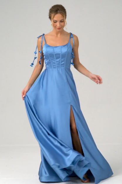 Blue A Line Spaghetti Straps Satin Floor Length Dress with Slit