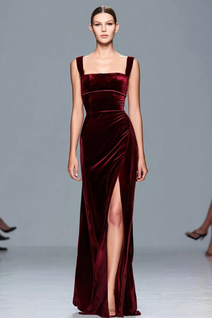 Burgundy Sheath Square Neck Velvet Maxi Holiday Party Dress with Slit