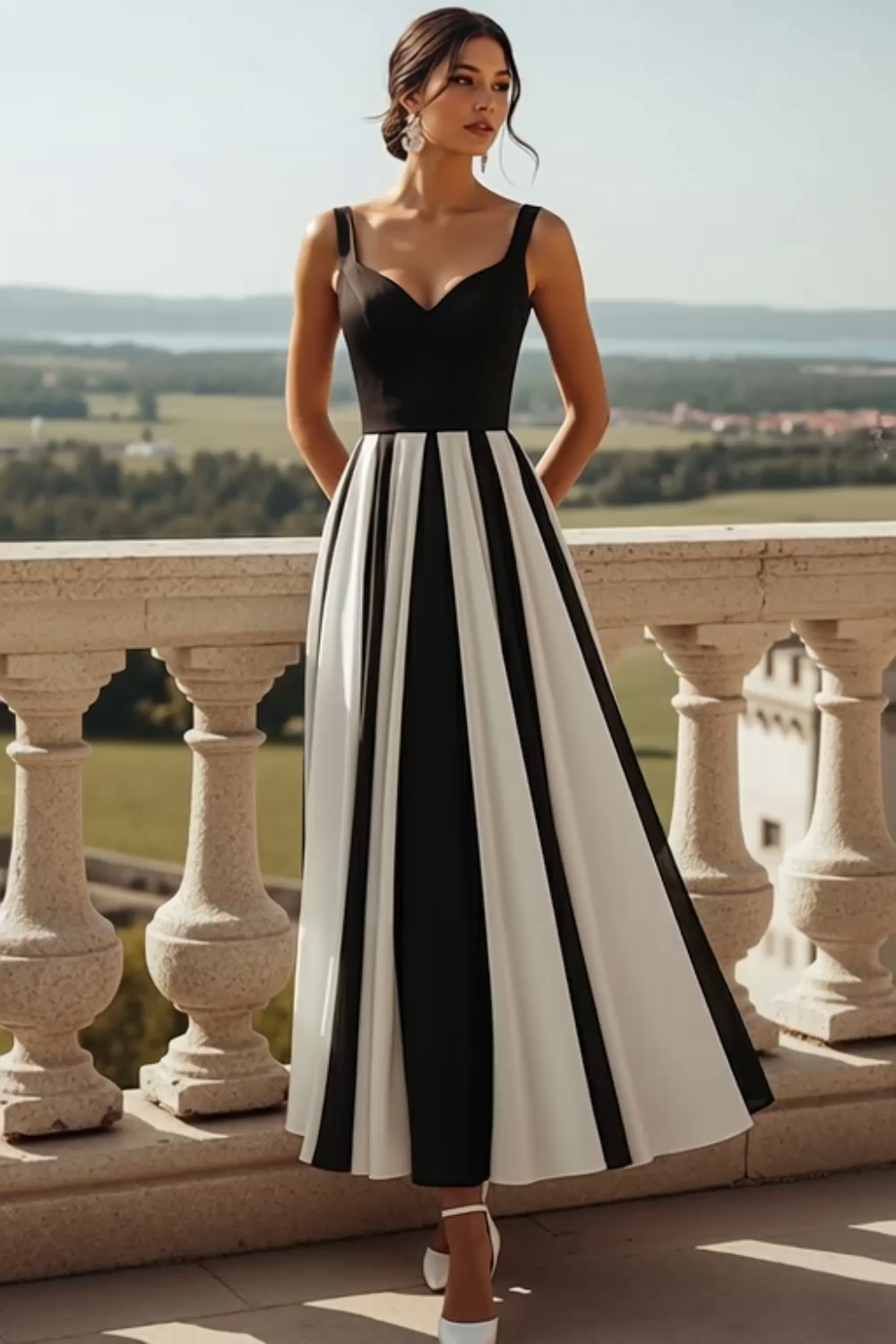 Black and White A Line Thick Straps Long Formal Dress