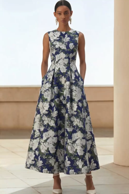 Floral Navy A Line Round Neck Long Formal Dress