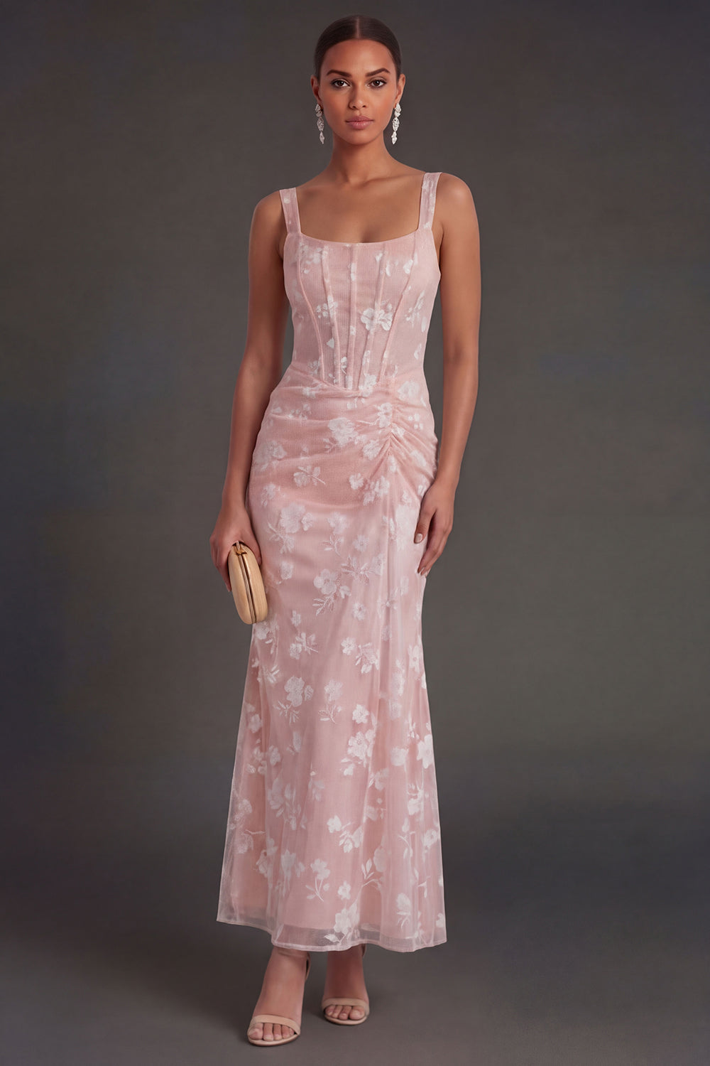 Blue Floral Sheath Thick Straps Corset Ruched Midi Beach Wedding Guest Dress