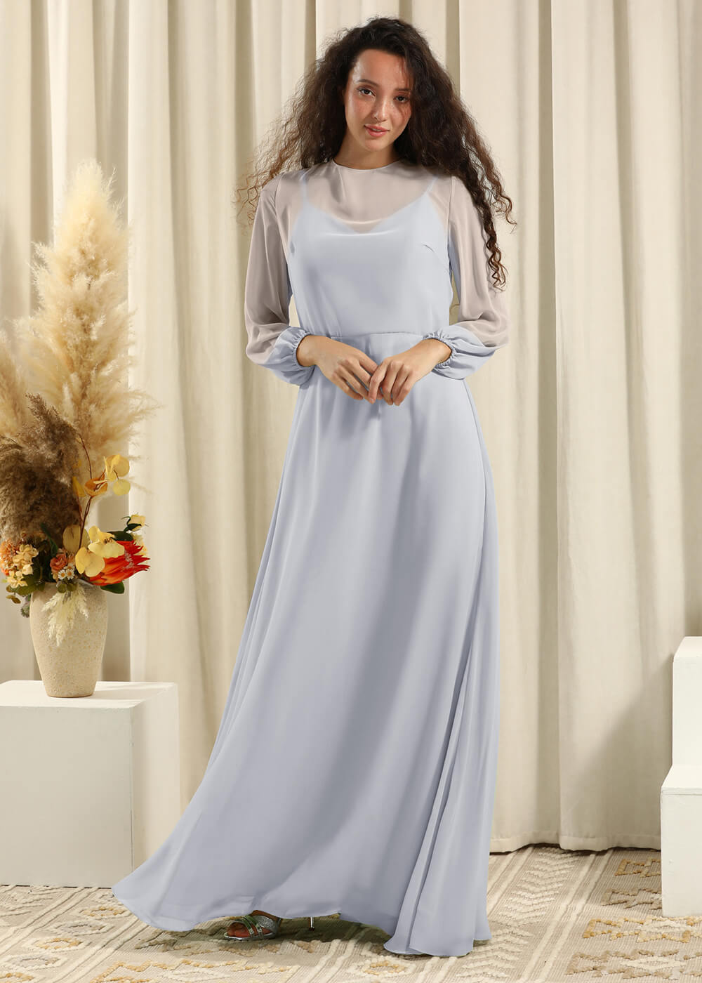 Long Sleeve A-line Chiffon Keyhole Back Bridesmaid Dress