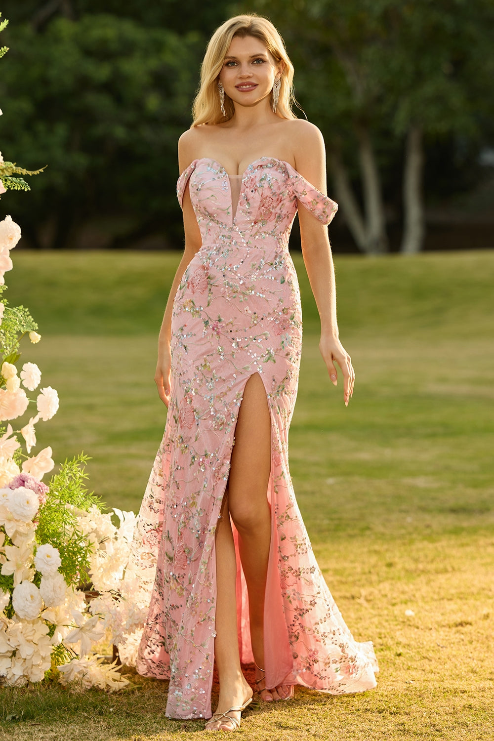 Leely Women Sparkly Pink Floral Mermaid Maxi Prom Dress Off the Shoulder Sequin Gala Dress with Slit