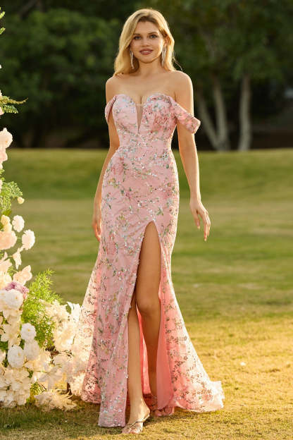 Leely Women Sparkly Pink Floral Mermaid Maxi Prom Dress Off the Shoulder Sequin Gala Dress with Slit