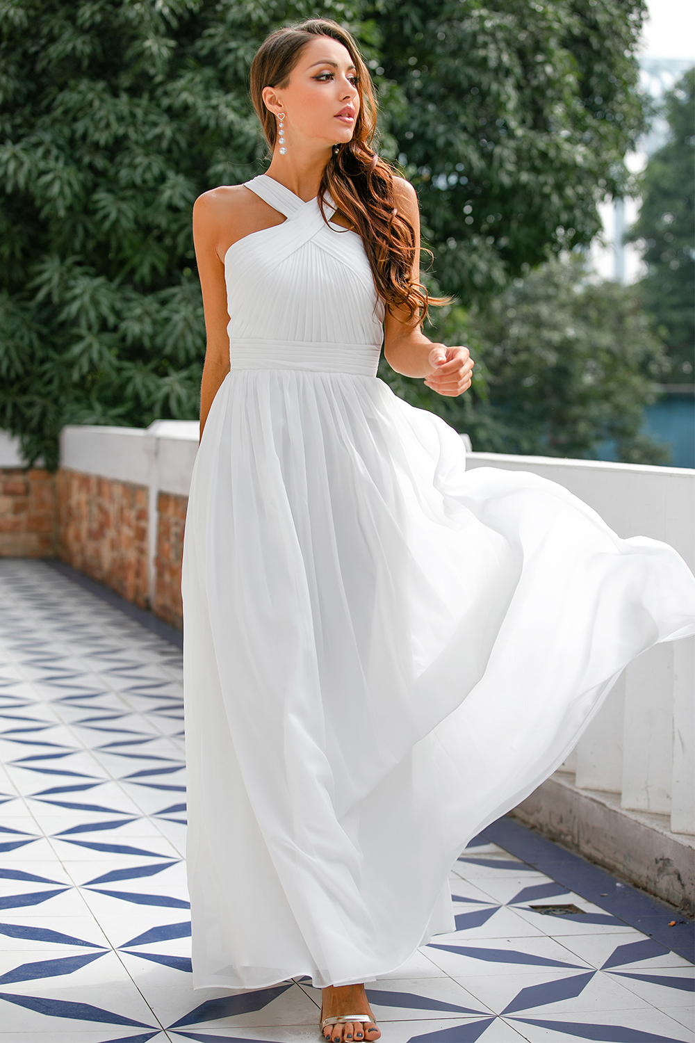 Halter Chiffon Pleated A Line Long Bridesmaid Dress